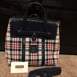 HB red/white/blue tweed convertible backpack.